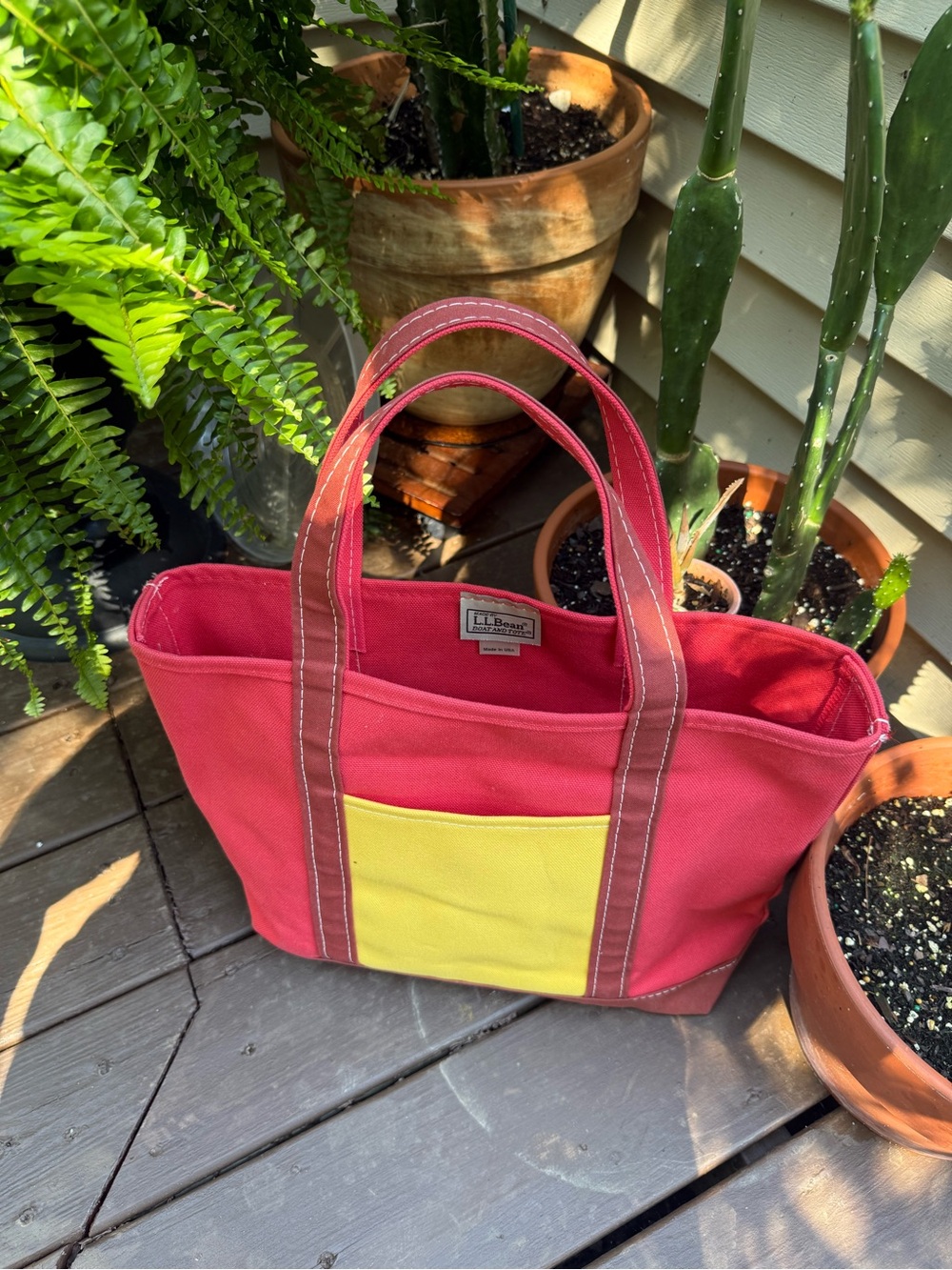 Vintage LL Bean Boat and Tote Red with Yellow pocket. Red Base And Handles